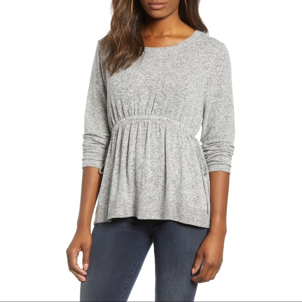 Caslon Cozy Tie Waist Peplum Top Gray Size L NWT